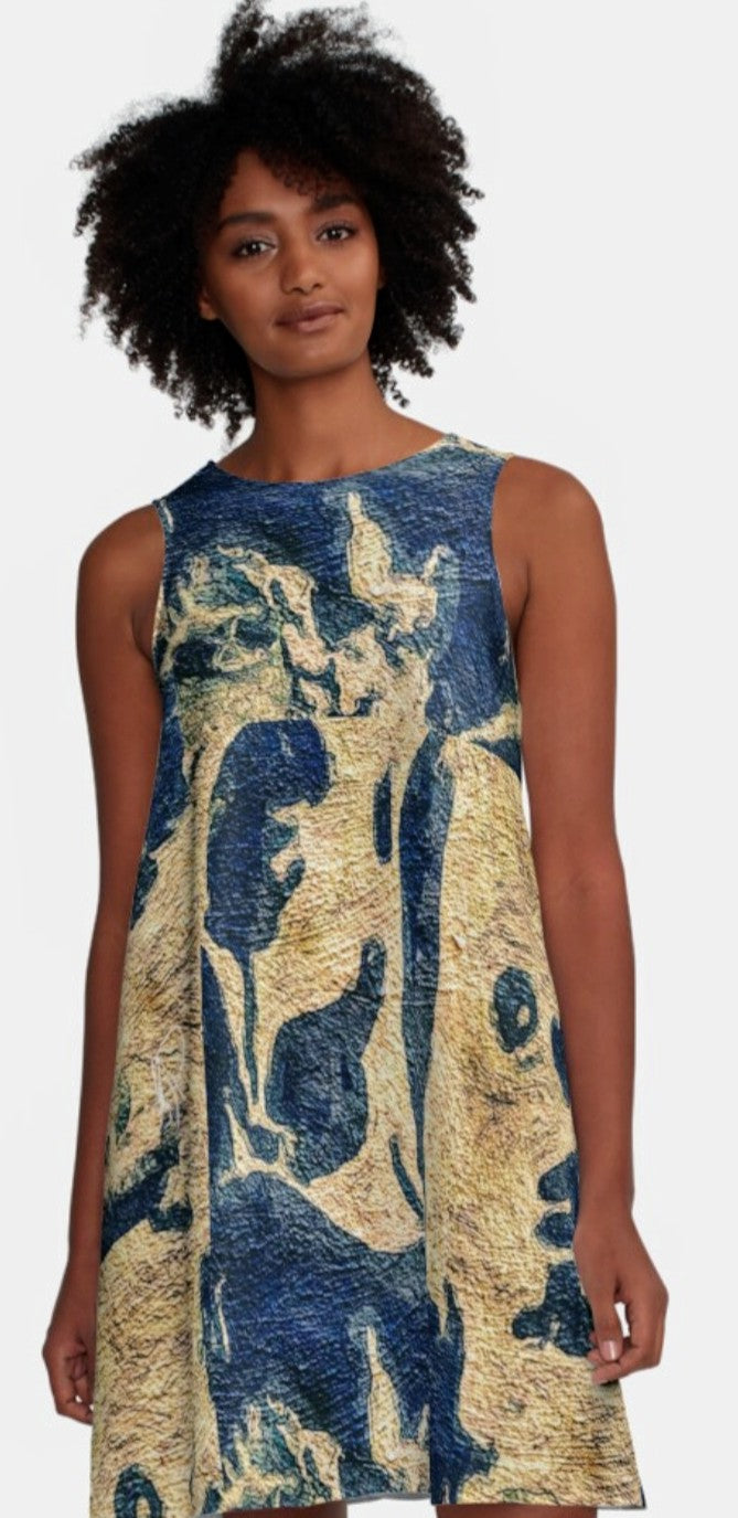 Abstract in Blue/Gold A-Line Dress Small (6-8 USA) Abstract in Blue/Gold A-Line Dress Small (6-8 USA)