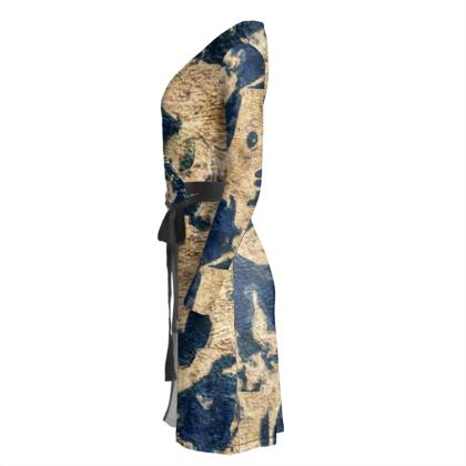 "Abstract Blue Gold" Lady B Wrap Dress ws