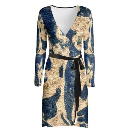 "Abstract Blue Gold" Lady B Wrap Dress