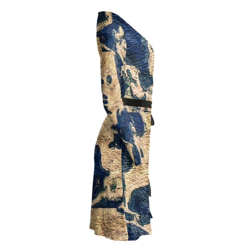 "Abstract Blue Gold" Lady B Wrap Dress