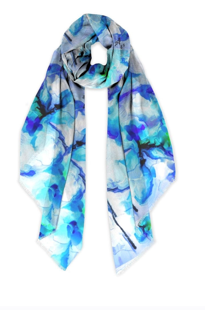 "Orchids Turquoise" Cashmere Silk Scarf