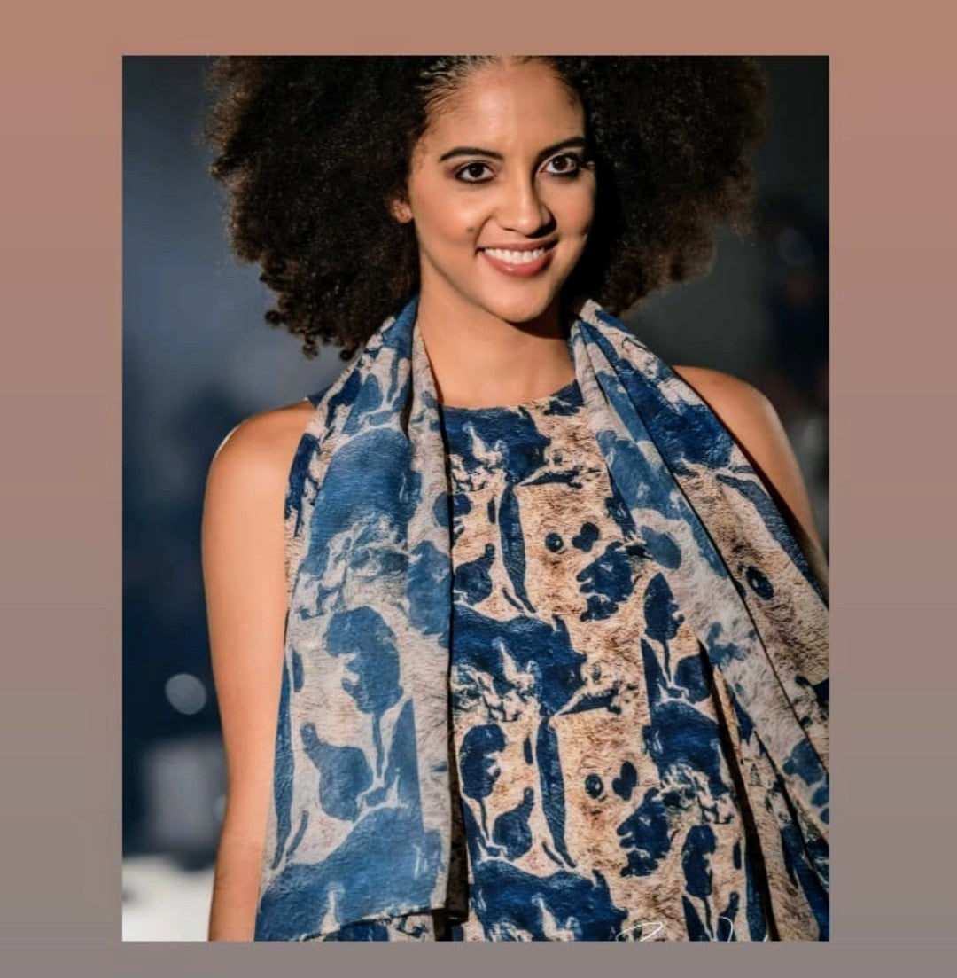 Lady Barbara Pinson Artist Abstract Blue Gold A-Line Dress with Scarf