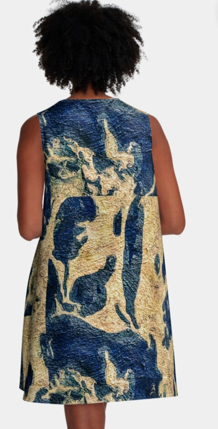Lady Barbara Pinson Artist Abstract Blue Gold A-Line Dress Back