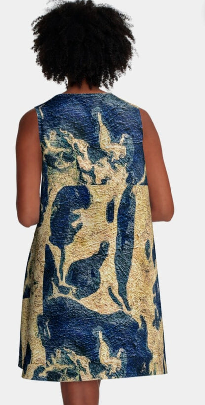 Lady Barbara Pinson Artist Abstract Blue Gold A-Line Dress Back