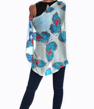 "Butterflies Turquoise" Cashmere Silk Scarf